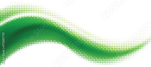 Abstract flowing green wave pattern composed of small dots creating a dynamic and modern visual effect on a white background