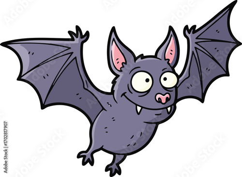 Cute cartoon bat with big eyes and outstretched wings flying through the air in a playful and whimsical manner, perfect for Halloween or children's themes