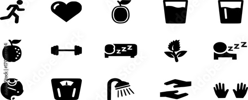 Healthy Lifestyle Solid Icon Set: Vector Illustrations of Health and Wellness, Fitness, Nutrition, and Lifestyle symbols