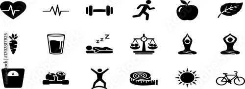 Healthy Lifestyle Solid Icon Set: Vector Illustrations of Health and Wellness, Fitness, Nutrition, and Lifestyle symbols