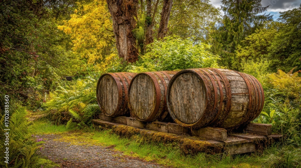 Fototapeta premium Three large wooden barrels rest on a wooden platform surrounded by vibrant foliage and towering trees under a partly cloudy sky, creating a tranquil atmosphere in nature.