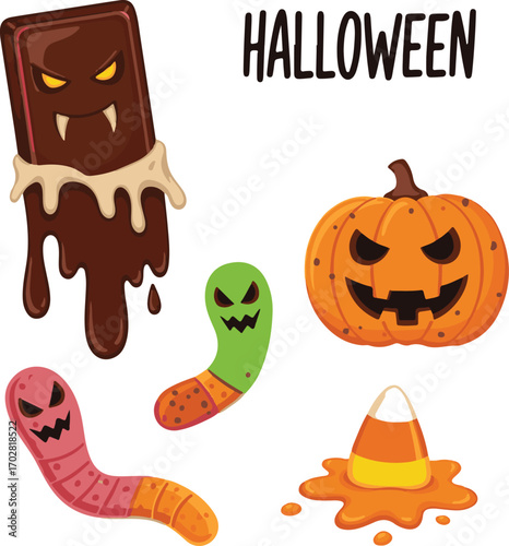 Spooky and fun Halloween illustrations featuring a dripping chocolate bar, a jack-o'-lantern, gummy worms, a candy corn, and a creepy worm