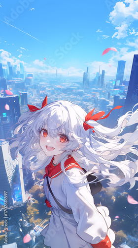 Cheerful and cool girl anime character smiling jumping pose