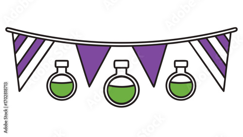Purple striped bunting with green potion bottles halloween