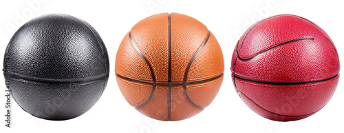 Three basketballs in black, orange, and red