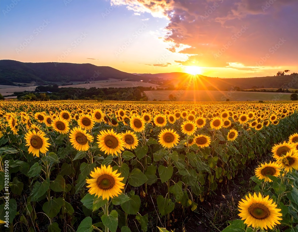 Fototapeta premium Sunflowers at sunset over hills
