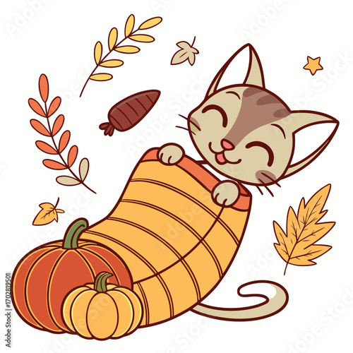 Harvest Blessings themed SVG: Playful Oriental Shorthair with snuggled in a sock in a Thanksgiving environment
