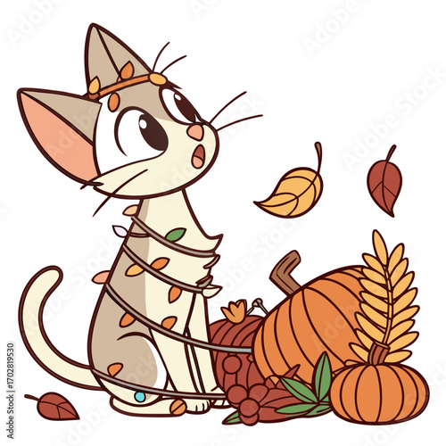 Charming SVG of a Surprised Oriental Shorthair featuring wrapped in fairy lights, styled in a Thanksgiving theme with Harvest Blessings hues