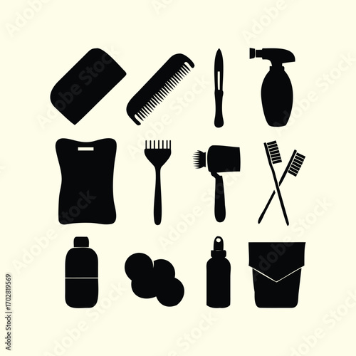 Silhouette elements set design of personal care and hygiene items, including soap, toothbrush, shampoo, lotion, grooming tools, and wellness products