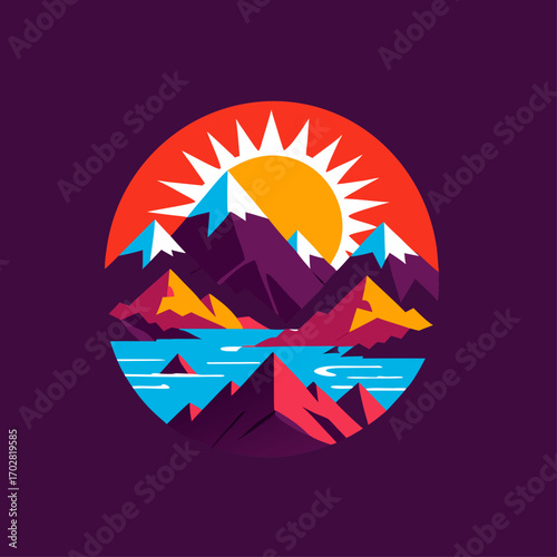 Vibrant mountain landscape with sun and water reflection at sunset