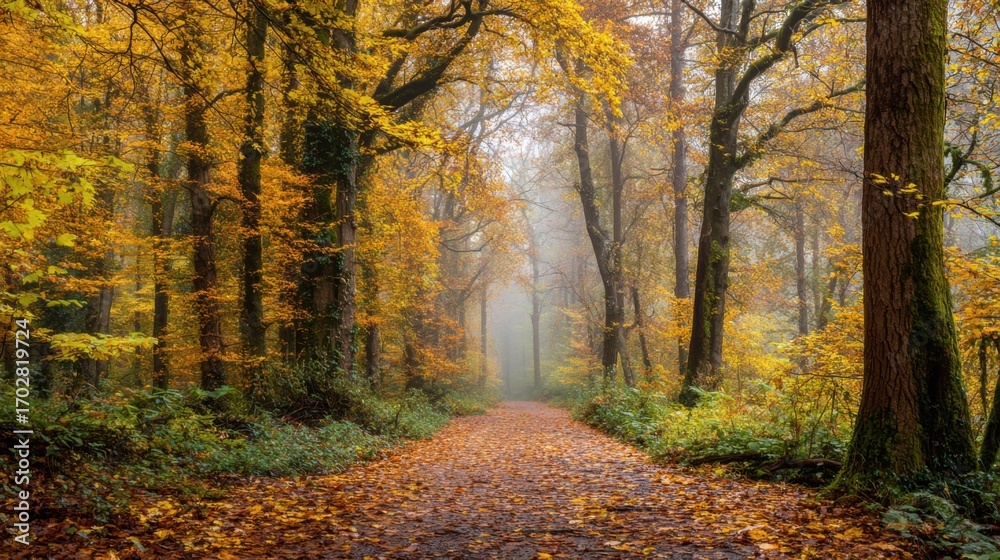 Fototapeta premium Golden leaves blanket the forest floor as morning fog weaves through tall trees. The peaceful path invites quiet exploration in a stunning display of autumn beauty.