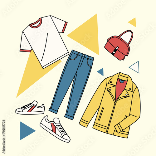 Casual outfit flat lay with t-shirt, jeans, jacket, and sneakers, featuring everyday fashion, street style, modern apparel, and accessories