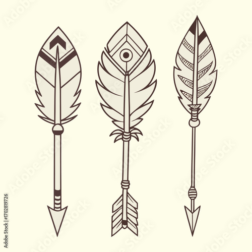 Three hand-drawn tribal arrows with feather details on light background, featuring indigenous design, boho style, rustic elements, and decorative symbols