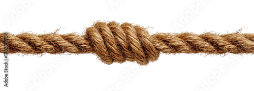 A close-up of a knotted rope.  The rope is a light brownish color and has a tightly wound, complex knot in the center. The rope stretches horizontally across the image against a black background