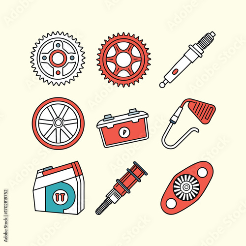 Motorcycle and automotive parts and accessories colorful elements set design, including tires, helmets, engines, tools, and vehicle components illustration