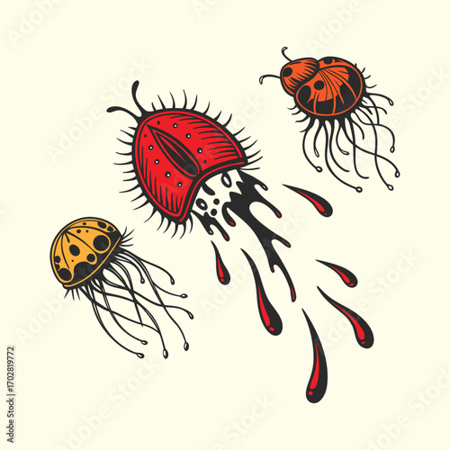 Surreal Ladybug Jellyfish Creature Design – Creative Fantasy Illustration of Insect Transformed into Aquatic Animal with Tentacles for Concept Art and Abstract Nature Designs