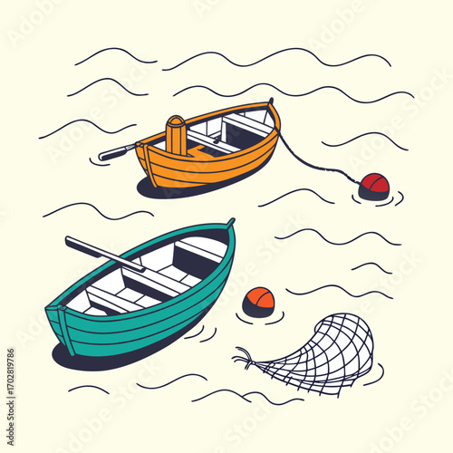 Two Colorful Rowboats with Oars and Fishing Net Floating on Wavy Water – Nautical Hand Drawn Boat Illustration