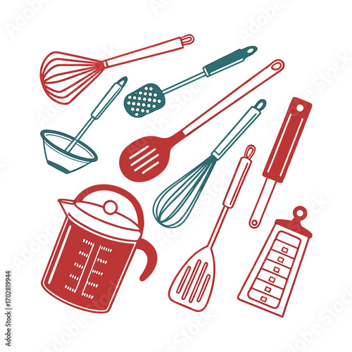 Kitchen Utensils Collection in Red and Teal Colors – Vector Set of Cooking Tools for Culinary, Restaurant, and Home Design