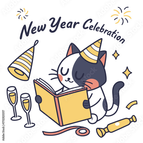 Creative SVG: Relaxed Oriental Shorthair with reading a book in a Midnight Sparkle colored New Year celebration theme