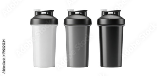 Three shaker bottles in various shades of gray and white
