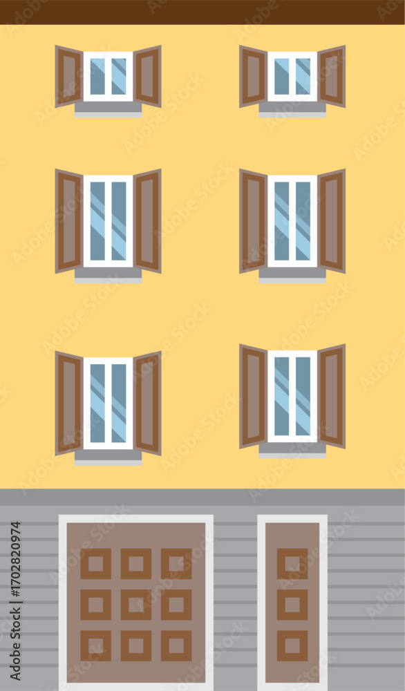 Obraz premium Vector illustration of a historic center building facade, with windows, shutters, and doors. Clean and flat design, ideal for icons, web design, or graphics.