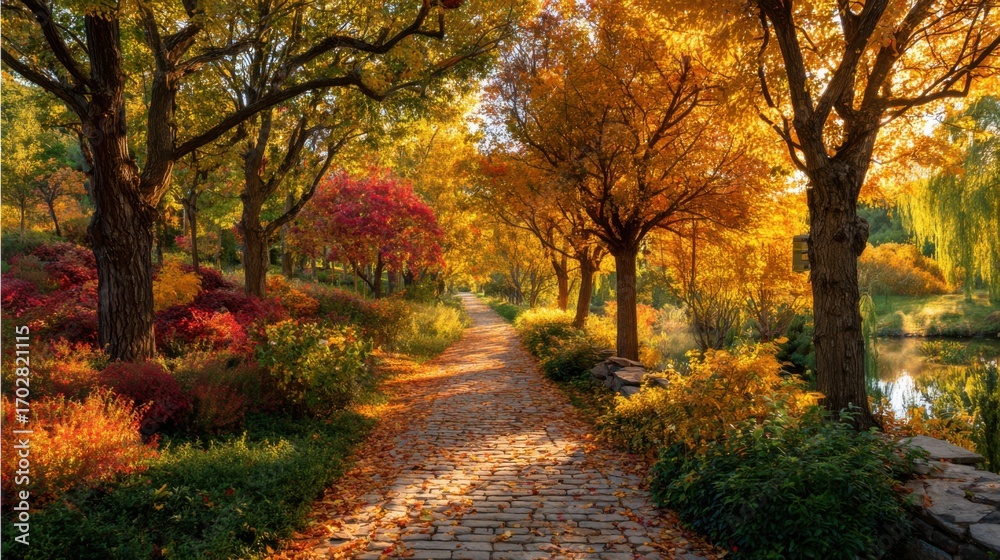 Naklejka premium A charming pathway meanders through a park adorned with colorful autumn leaves. Trees in shades of red, orange, and yellow frame the route, creating a serene atmosphere.