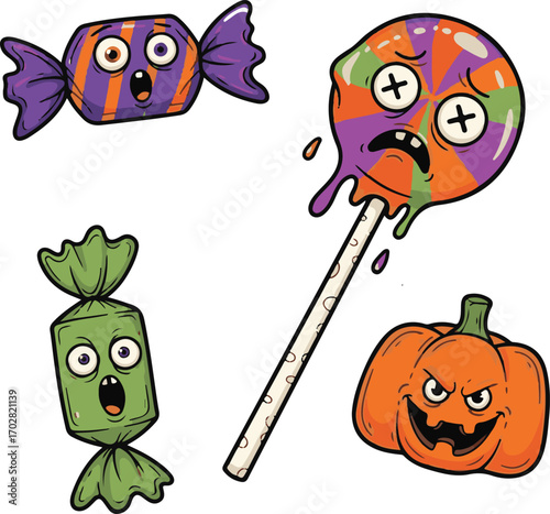 Spooky Halloween Candies and Pumpkin Illustration for Festive Decorations and Themed Events