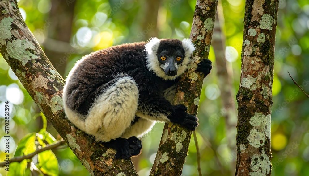 Fototapeta premium Black and white lemur in a lush forest