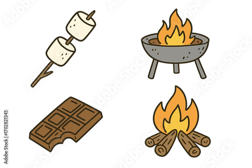 Campfire S'mores Icons. S’mores night doodle set: hand drawn icons for marshmallows, firepit, chocolate, and campfire fun,