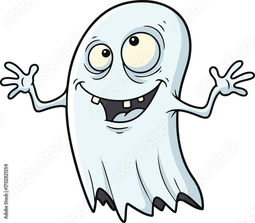 A friendly cartoon ghost character with a happy expression and open arms, perfect for Halloween celebrations and spooky themes