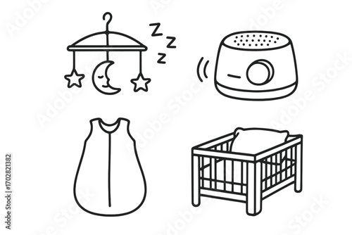 Baby Sleep Essentials. Baby sleep routine doodle set: hand drawn icons for lullaby mobile, white noise machine, sleep sack, and