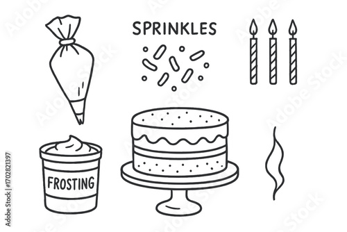Cake Decorating Doodles. Birthday cake decorating doodle set: hand drawn icons for piping bag, sprinkles, candles, frosting tub,