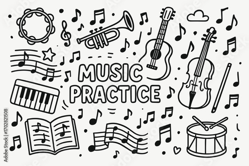 Musical Doodle Art. Music practice doodle art with instruments and notes in black and white