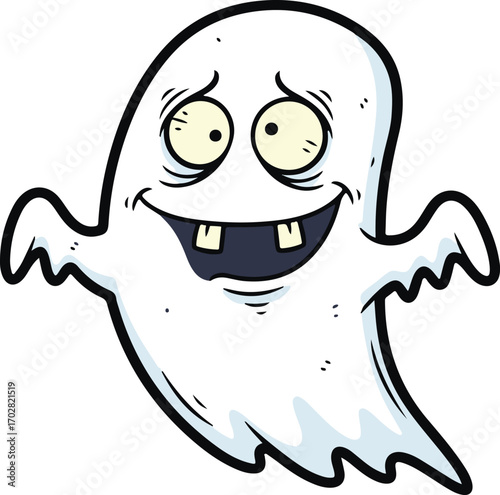 Spooky Cartoon Ghost with Goofy Smile and Wide Eyes, Perfect for Halloween Decorations and Party Invitations