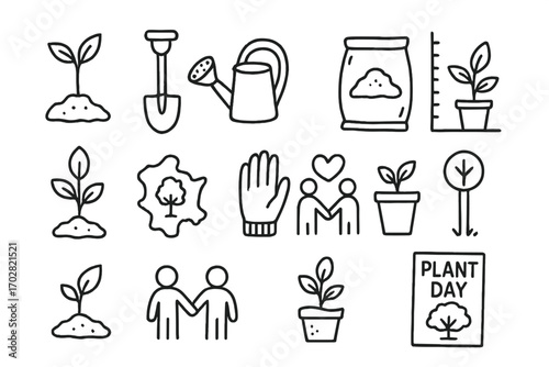 Tree Planting Icons. Tree planting doodle icon set: hand drawn icons of sapling, shovel, watering can, soil bag, growth chart,