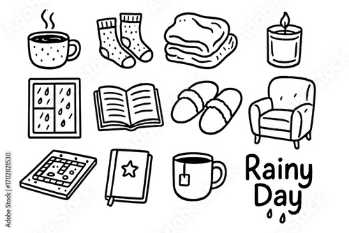 Rainy Day Comforts. Rainy day at home doodle icon set: hand drawn icons of hot cocoa, fuzzy socks, cozy blanket, candle, rainy