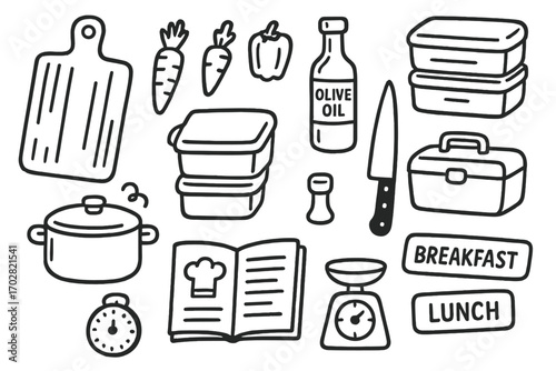 Meal Prep Doodle Icons. Meal prep doodle icon set: hand drawn icons of cutting board, veggies, storage container, knife, olive oil