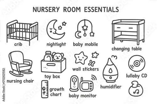 Nursery Essentials Icons. Nursery room essentials doodle icon set: hand drawn icons of crib, nightlight, baby mobile, changing