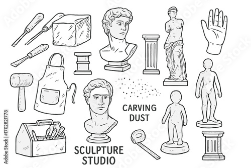 Sculpture Studio Essentials. Sculpture studio: hand drawn doodles of chisels, marble blocks, plaster busts, pedestals, aprons,