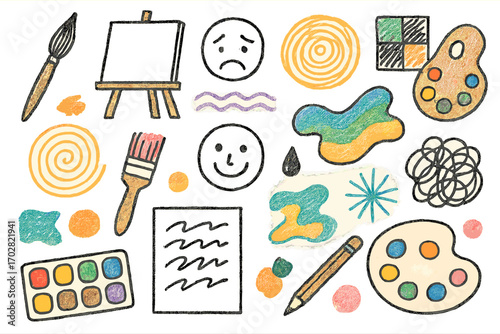 Artistic Therapy Doodles. Therapeutic art: hand drawn doodles of paintbrushes, canvases, expression faces, colors, sketch pages,