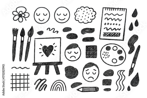 Artistic Therapy Doodles. Therapeutic art: hand drawn doodles of paintbrushes, canvases, expression faces, colors, sketch pages,