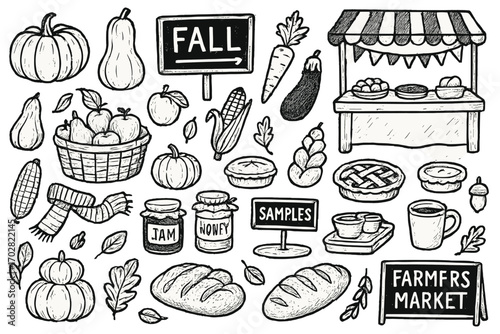 Autumn Market Delights. Fall farmers market: hand drawn doodles of seasonal produce, baskets, signs, jam jars, pies, scarves, food