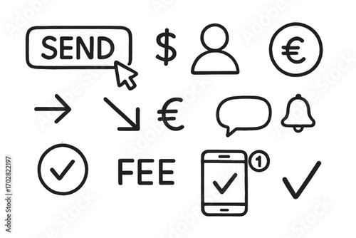 Money Transaction Doodles. Money transfer: hand drawn doodles of send button, recipient icon, currency signs, arrows, completed