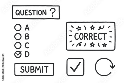 Interactive Quiz Doodles. Interactive quiz: hand drawn doodles of question box, answer options, submit button, confetti screen,