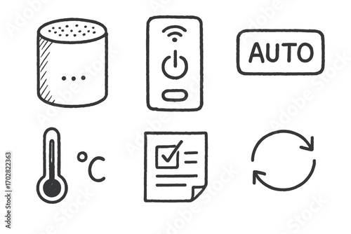 Smart Office Doodles. Smart office devices: hand drawn doodles of smart speaker, app remote, automation button, temperature icon,