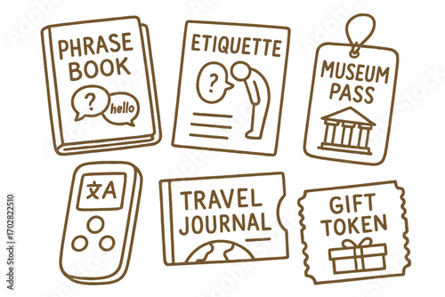 Cultural Travel Essentials. Cultural travel kit: hand drawn doodles of phrasebook, etiquette card, travel journal, museum pass,