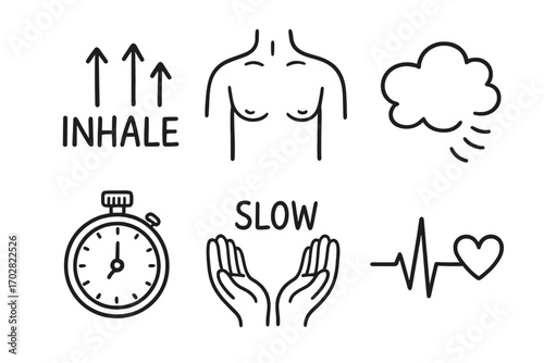 Breathing Exercise Doodles. Breathing practice: hand drawn doodles of inhale arrows, chest rise, cloud icon, stopwatch, slow hands