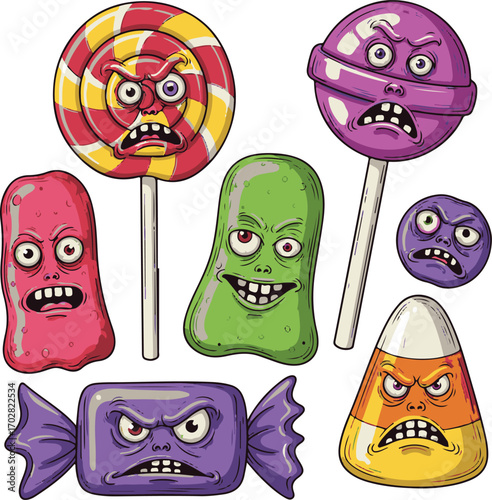 Set of illustrated cartoon candy monsters with angry and scary expressions, perfect for Halloween or fun designs