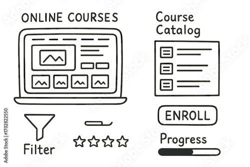 Online Course Doodles. Online course platform: hand drawn doodles of homepage layout, course catalog, filter icon, enroll button,