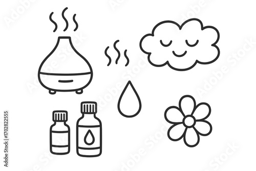 Aromatherapy Doodle Set. Aromatherapy set: hand drawn doodles of diffuser, steam vapors, essential oil bottles, scent droplet,